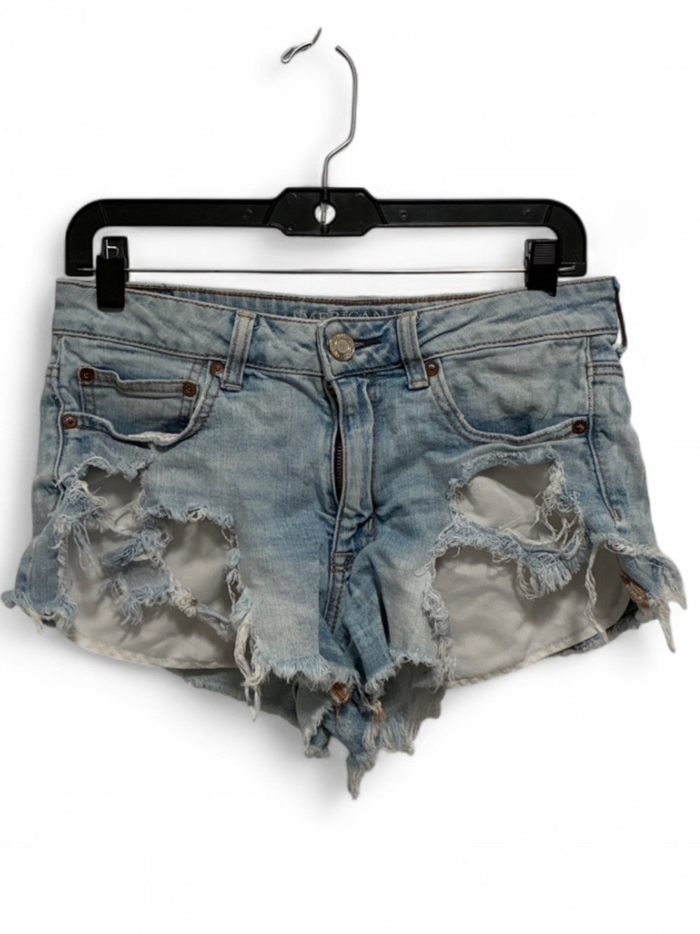 Y2K American Eagle High Rise Festival Light Blue Ripped Distressed Denim Shorts